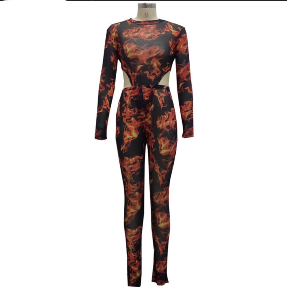 FLAMES MESH LONG SLEEVE BODYSUIT WITH MATCHING PANTS